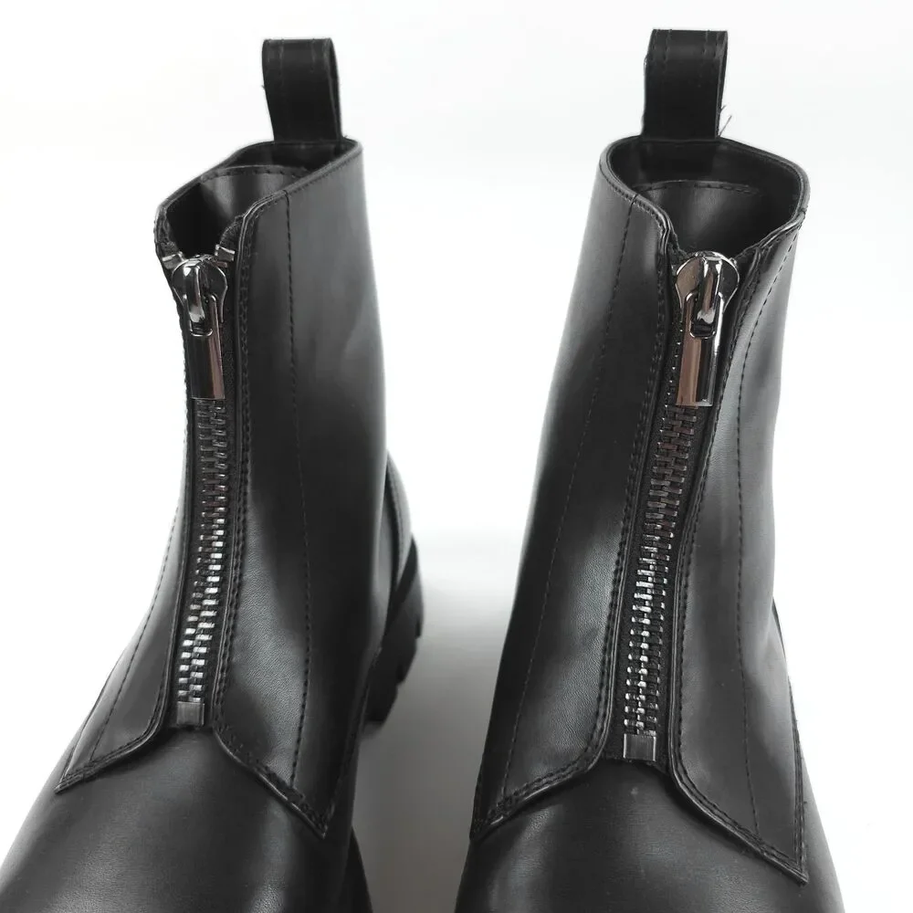 ZARA 100% Leather Lug Sole Zip Front Combat Boots Black Y2k Goth Grunge Indie
